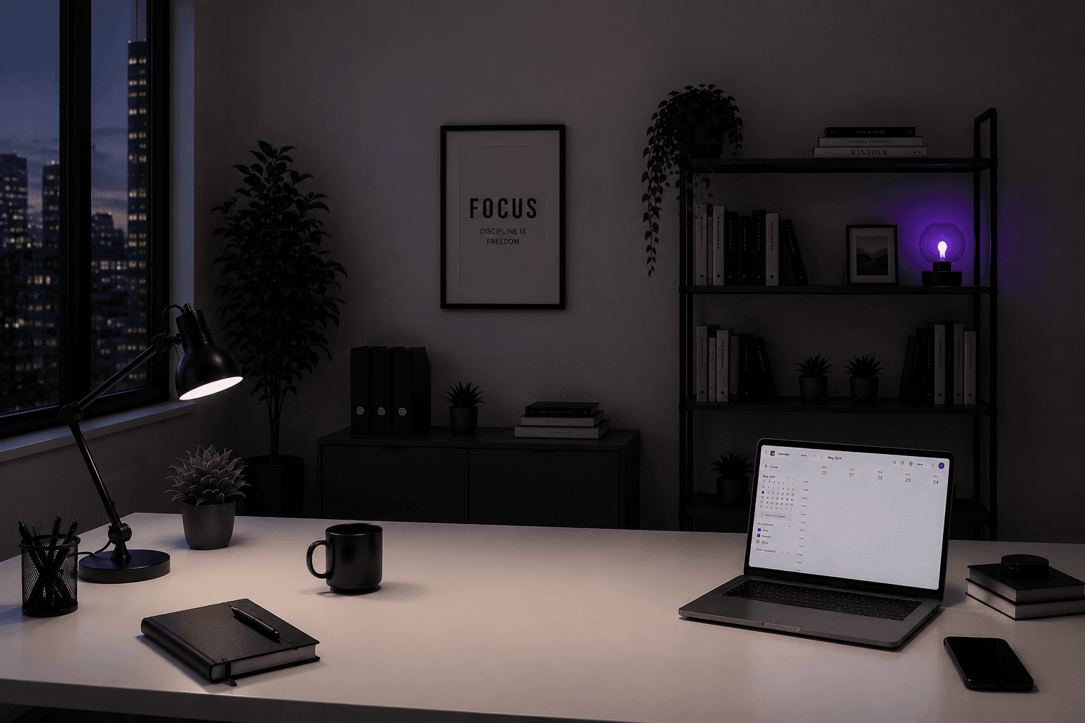 Skrivbord i ett mörkt kontor med en laptop som visar en kalender, en telefon och en tänd skrivbordslampa